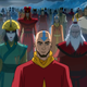 Aang stands on a snowy tundra with the previous generation of avatars.